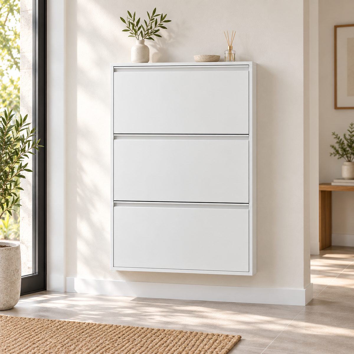Organizador AURA branco instalado em hall residencial